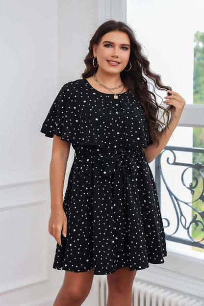 Polka Dot Print Short Sleeve Round Neck Wholesale Plus Size Dresses