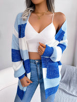 Colorblock Striped Lantern Sleeve Sweater Cardigan Wholesale Womens Tops