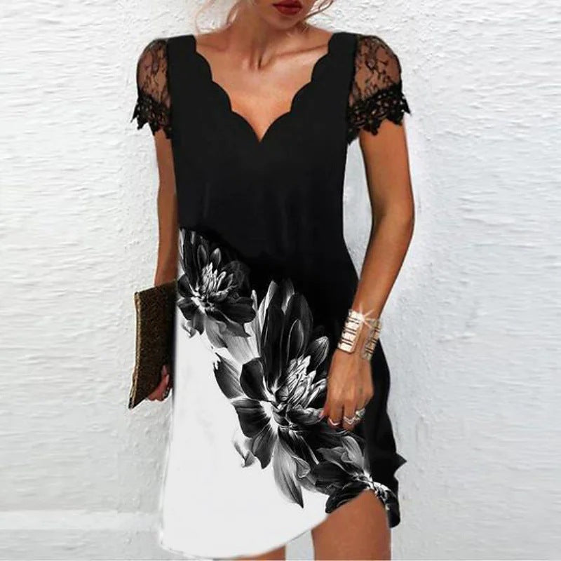 Fashion Print Wavy V-Neck Dress Lace Slim Short Sleeve Wholesale Dresses