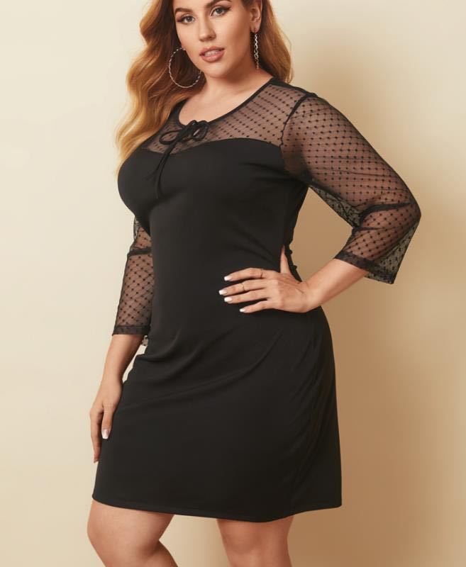Mesh Stitching Mid-Sleeve Slim-Fit Elegant Curvy Dresses  Wholesale Plus Size Clothing