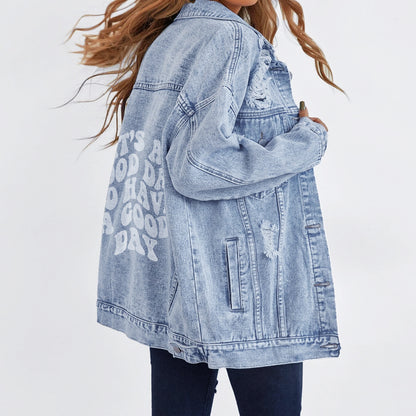 Letter Print Lapel Collar Ripped Denim Jacket Wholesale Womens Tops