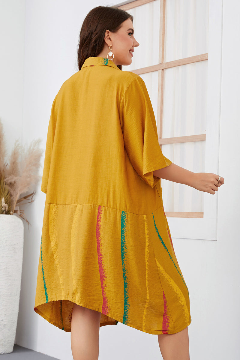 Fashion Irregular Lapel Half Sleeve Shirt Dress Solid Color Single-Breasted Dresses Loose Wholesale Plus Size Clothing