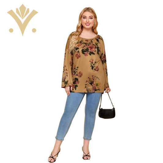 Wholesale Plus Size Women'S Clothing Round Neck Loose Long Sleeve Vintage Print T-Shirt