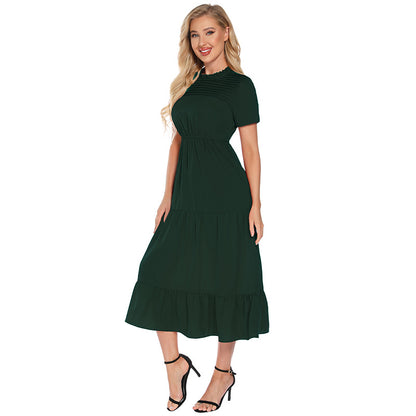 Short-Sleeve Round Neck Midi Chiffon Smocked Dress Wholesale Dresses