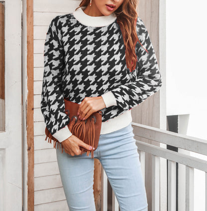 Houndstooth Pattern Round Neck Sweater Wholesale Clothing SS070039