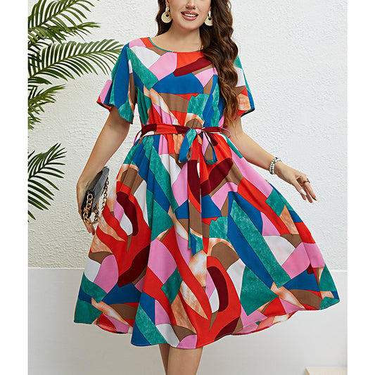 Wholesale Women'S Plus Size Clothing Round Neck Short Sleeve Mosaic Color Dress