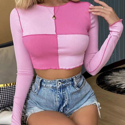 Women Wholesale Navel Crop Irregular Tops Contrasting Color Base Shirt