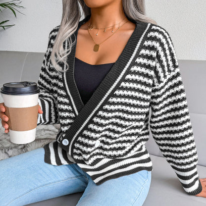 V Neck Striped Long Sleeve Knitted Sweater Wholesale