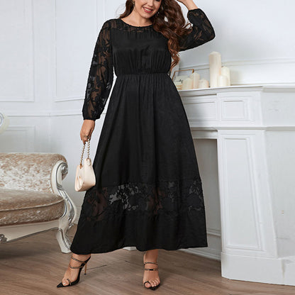 Solid Color Long Sleeve Lace Curvy Maxi Dresses Wholesale Plus Size Clothing