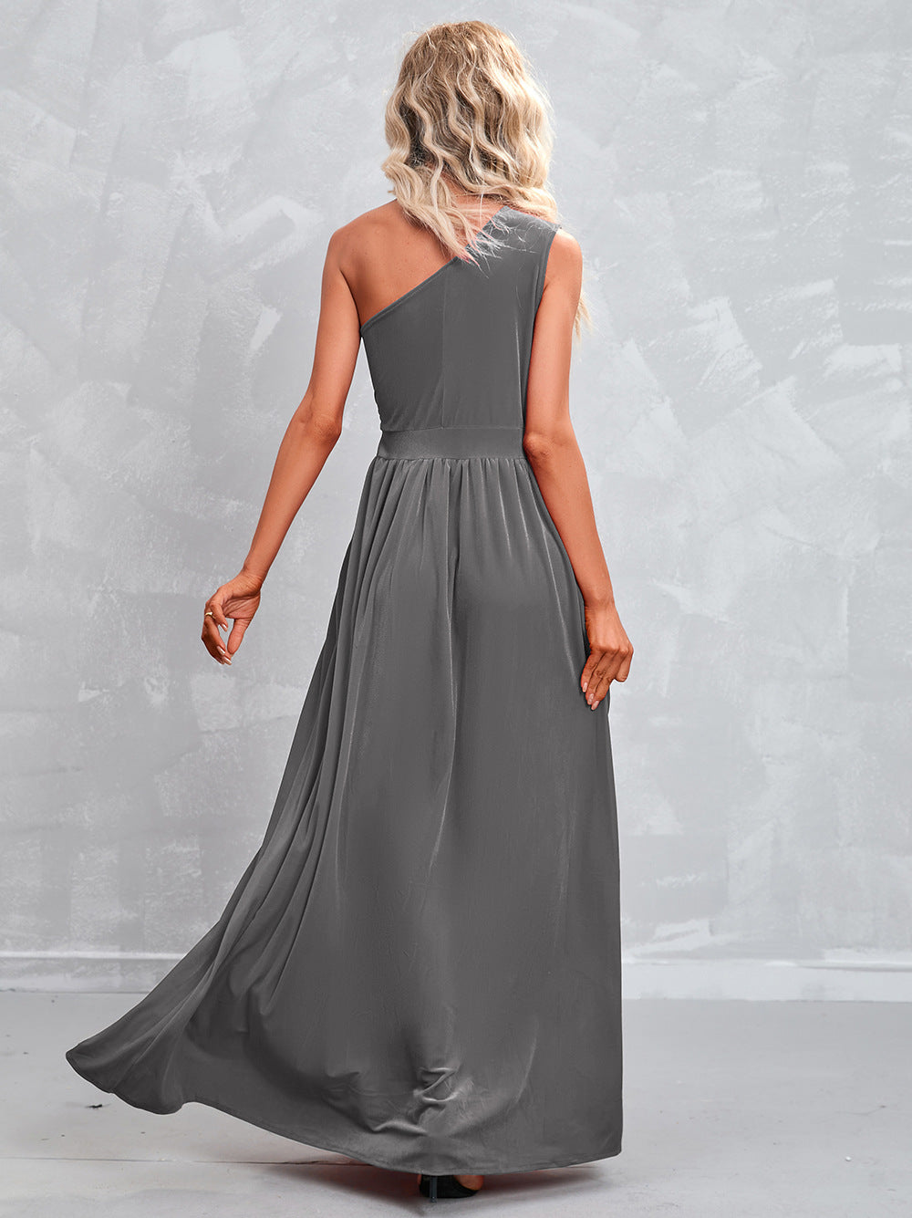 Slanted Shoulder Solid Color Hollow Sexy Slit Evening Dress Wholesale Maxi Dresses