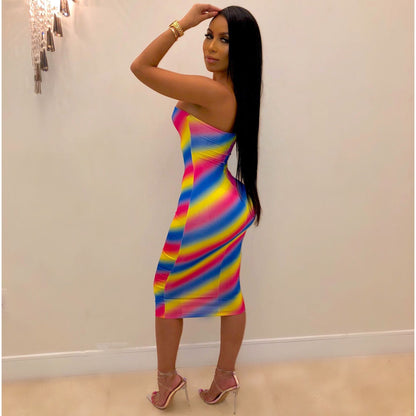 Rainbow Print Off Shoulder Sleeveless Tube Top Wholesale Bodycon Dresses