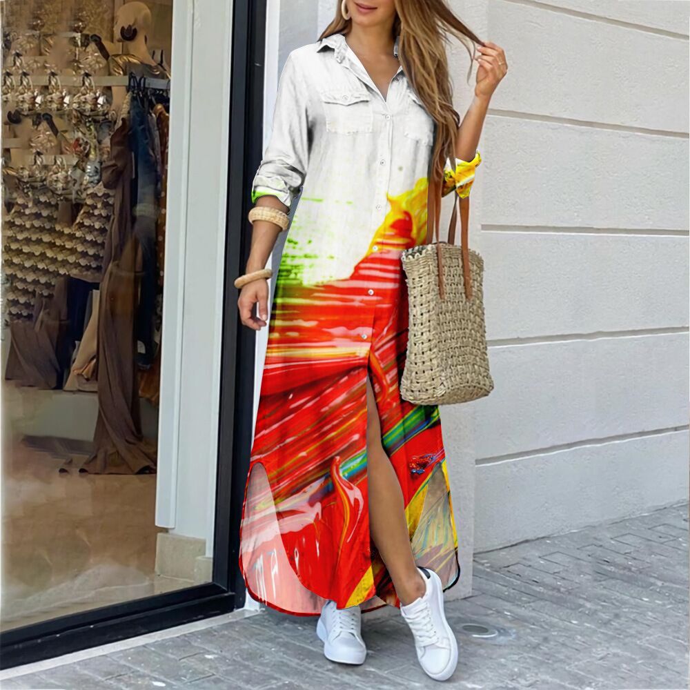 Long Sleeve Fashion Printed Shirtdress Slit T Shirt Maxi Dress Wholesale Casual Dresses