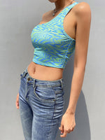 Hot Girls Women's Sexy Crop Top Water Wave Print Single Shoulder Irregular Backless Lace-up