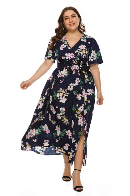 Floral Print V Neck Elegant Curve Dresses Lace Up Short Sleeve Vacation Flowy Dress Wholesale Plus Size Clothing