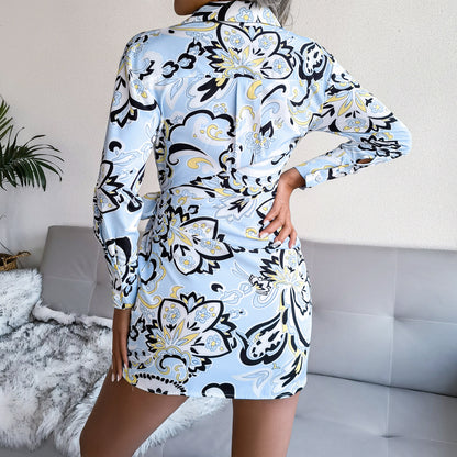 Turn Down Collar Long Sleeve Floral Print V Neck Tie Waist Wholesale Shirt Dresses