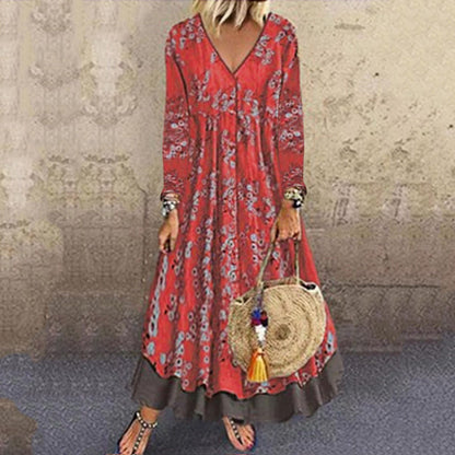 Fashion Long Sleeve Retro Print Maxi Dress V Neck Swing Loose Wholesale Dresses