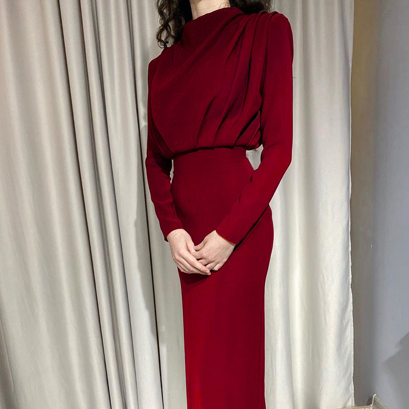 Pleated Waist Slim Fashion Solid Color Long-Sleeved Wholesale Dresses