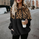 Leopard Zipper Pocket Top Hooded Sweatshirts Women Thick Pocket Warm