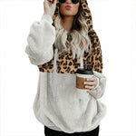 Leopard Zipper Pocket Top Hooded Sweatshirts Women Thick Pocket Warm