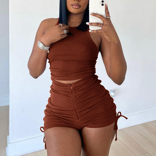 Drawstring Solid Color Sleeveless Crop Tops & Super Shorts Sexy Wholesale Womens 2 Piece Sets