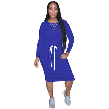 Simple Solid Color Long Sleeve Slit Design Casual Dresses Womens T Shirt Dress Wholesale