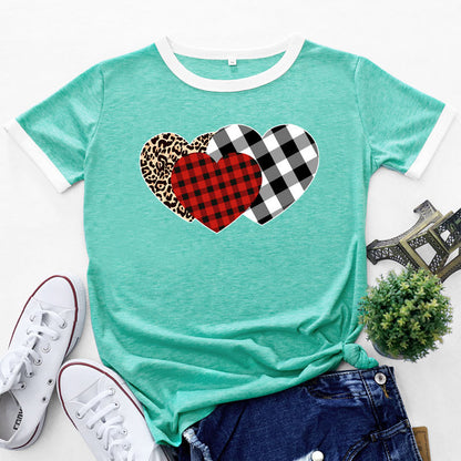 Checkered Heart Print Round Neck Short Sleeve Tops Casual Wholesale Women'S T Shirts