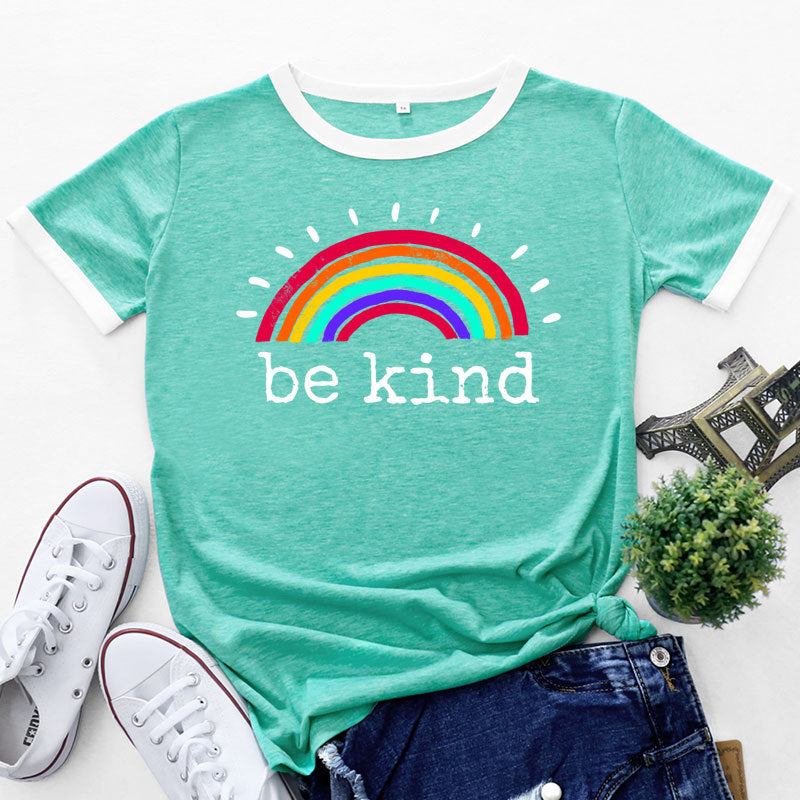 Rainbow & Letter Print Crew Neck Short Sleeve Tops Casual Wholesale Women'S T Shirts