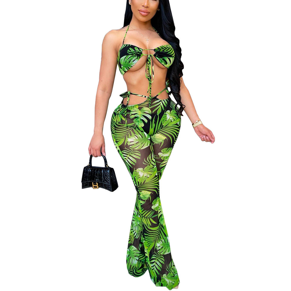 Leaf Printed Sexy Mesh Halterneck Tie Rope Bra Tops & Trousers Womens Wholesale Two Piece Sets