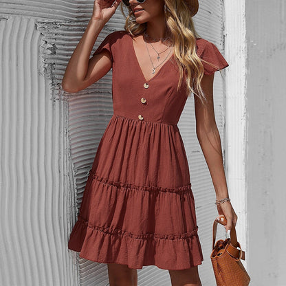 Women Fashion Short Sleeve V Neck Pleated Wholesale A Line Dresses