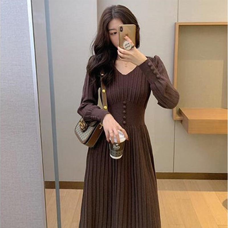 Solid Color V Neck Button Design Wholesale Jersey Dresses Mid Length Sweater Dress Elegant