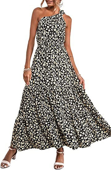 Floral Print Twist Slanted Shoulder Strapless Smocked Swing Dress Vacation Wholesale Maxi Dresses