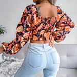 V-Neck Lantern Long-Sleeved Printed Chiffon Shirts Wholesale Crop Tops Sexy Womens Clothing