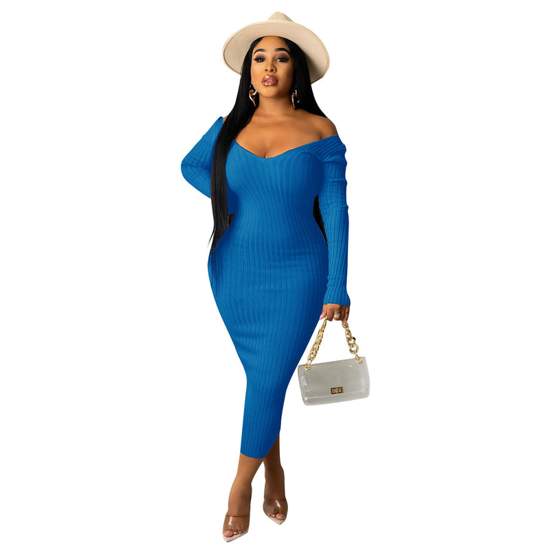 Big V-Neck Solid Ribbed Bodycon Midi Dress