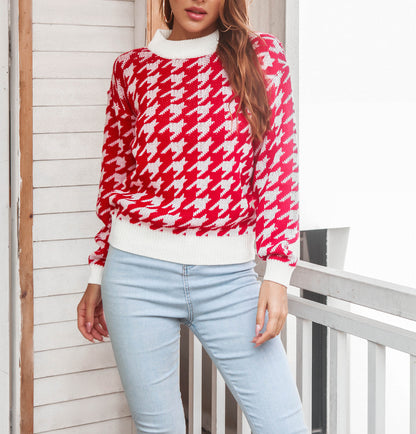 Houndstooth Pattern Round Neck Sweater Wholesale Clothing SS070039