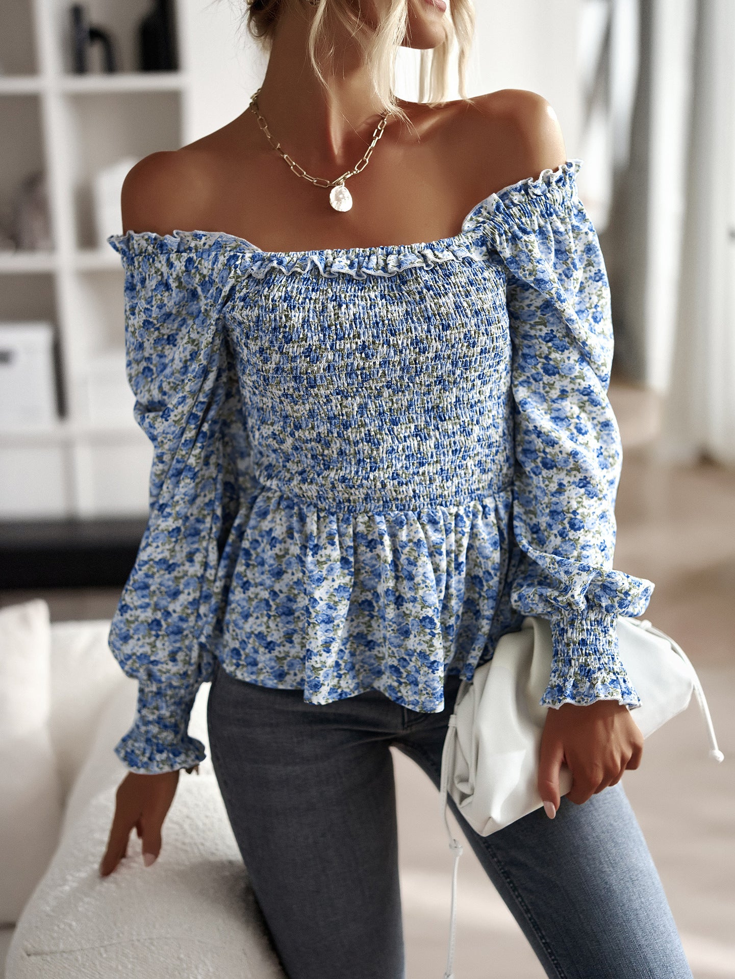 Casual Floral Slim Square Neck Tops Wholesale Womens Long Sleeve T Shirts