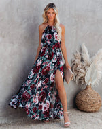 Chiffon Flower Print Halter Neck Swing Dress Wholesale Maxi Dresses