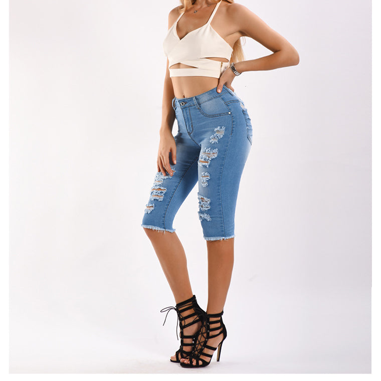 Denim Hole Ripped Distressed Knee Length Stretch Wholesale Jean Shorts
