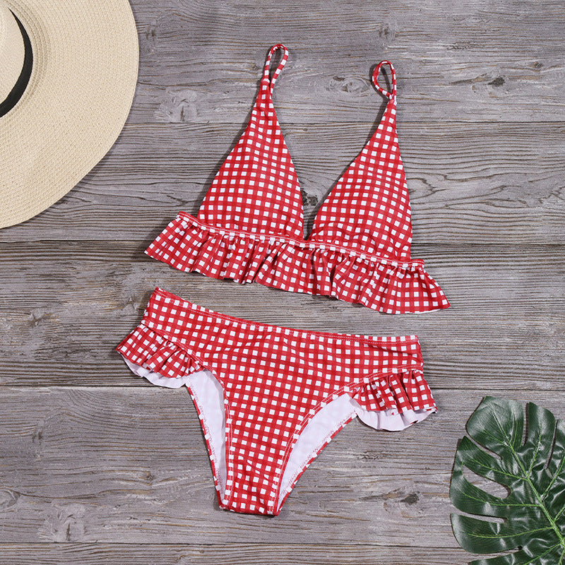 Plaid Print Split Swimsuit Sexy Ruffles Bikini Triangle Beach 2pcs Sets Womens Swimwear Wholesale Vendors SS531916