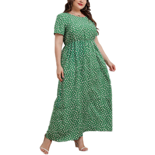 Wholesale Women'S Plus Size Clothing Round Neck Floral Short Sleeve Pullover Commuter Dress