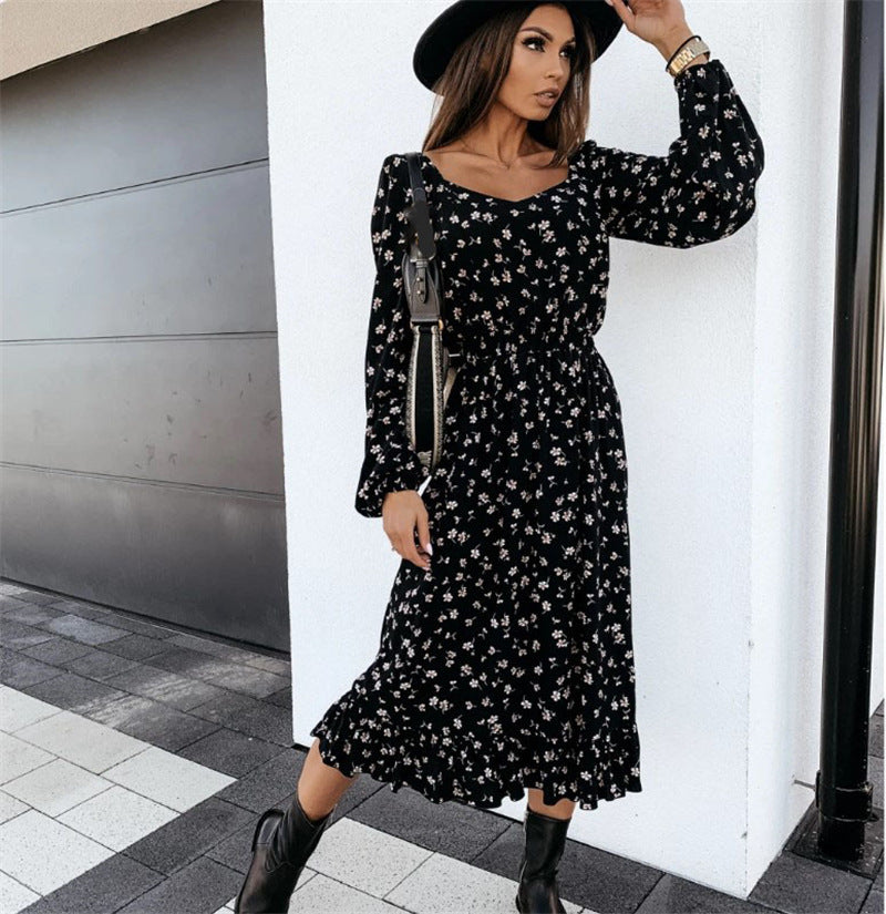 Square Neck Printed Lantern Sleeve Midi Ruffled Dress Casual Wholesale Dresses