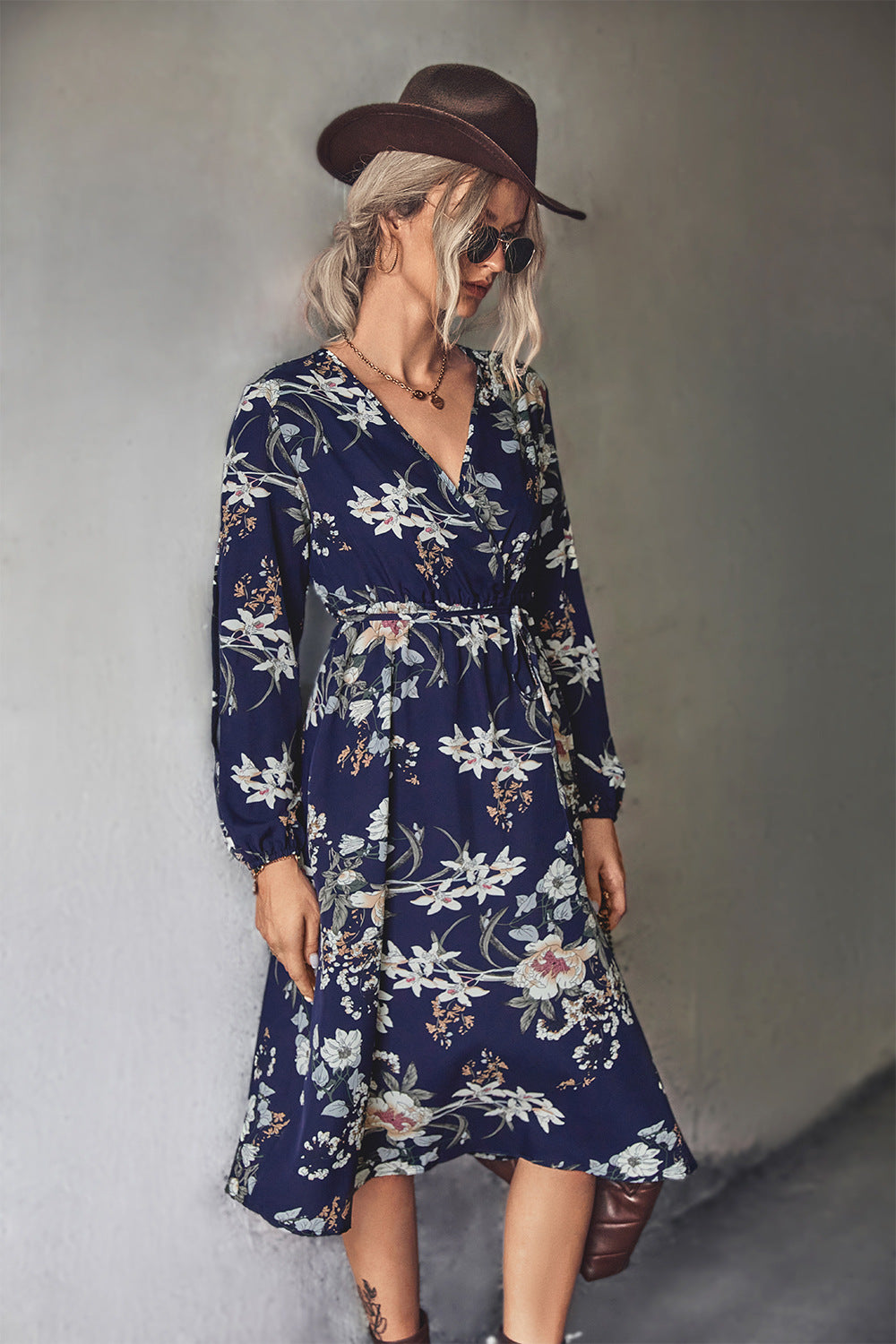 Casual V-Neck Long Sleeve Floral Dress Wholesale Dresses