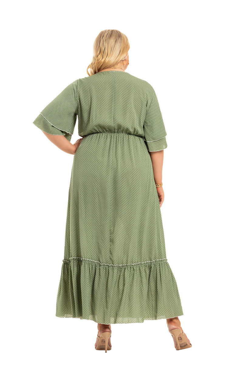 Polka Dot Print V Neck Lotus Leaf Sleeve Curve Maxi Dresses Casual Ruffles Dress Wholesale Plus Size Clothing