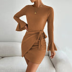 Round Neck Long Sleeve Sexy Slim Knitted Wrap Dress Wholesale Dresses