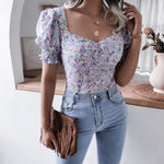 Casual Puff Sleeve Square Neck Floral Printed Chiffon Retro Womens Tops Wholesale T Shirts