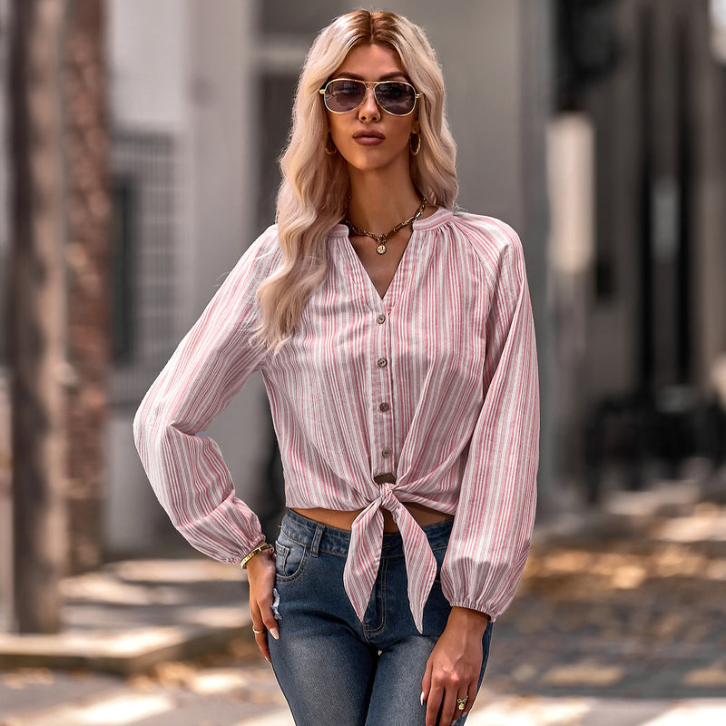 Fashion Knotted Slim V-Neck Striped Shirt Wholesale Womens Tops