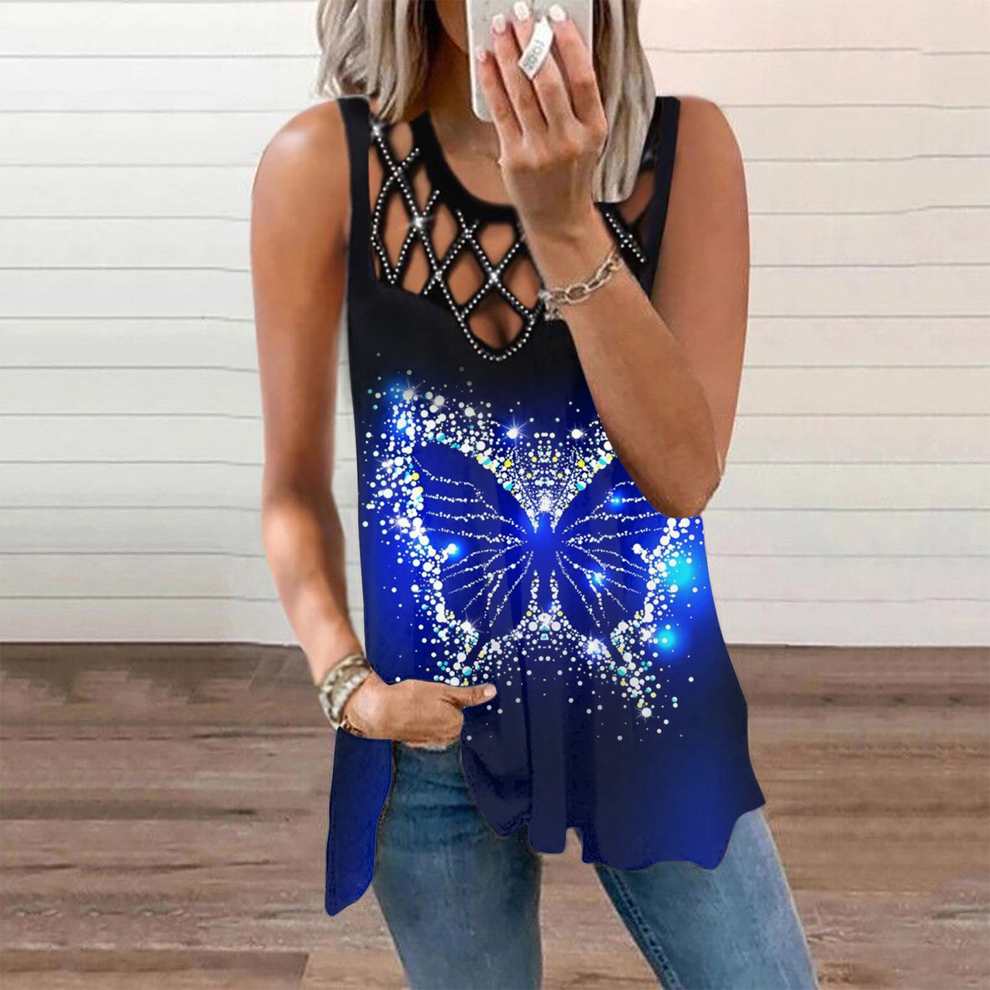 Sexy Hollow Out Print Tops Hot Drill Loose Sleeveless Womens T Shirts Wholesale