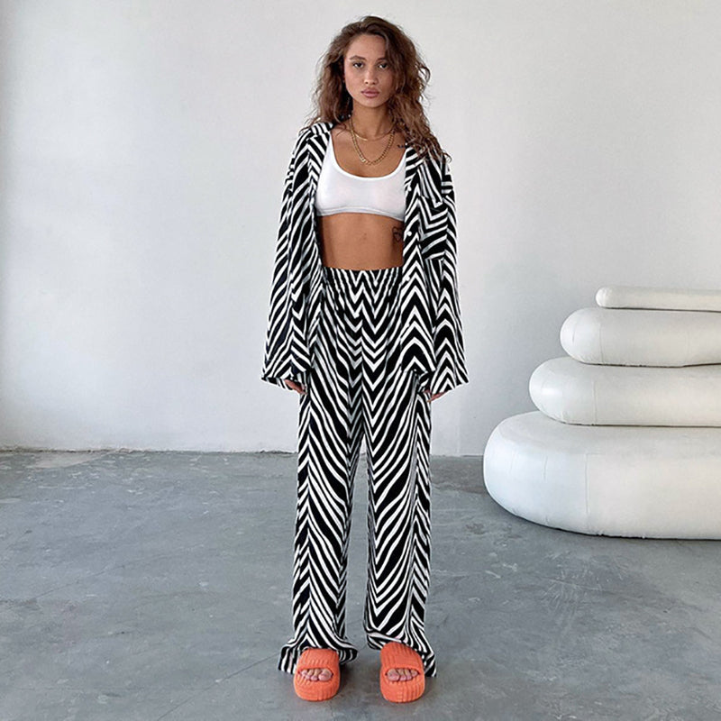Zebra Print Shirt & Wide-Leg Trousers Wholesale Women'S 2 Piece Sets