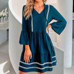 Ruffled Collar Lace-Up Flared Sleeve Casual Smocked Dress Wholesale Dresses