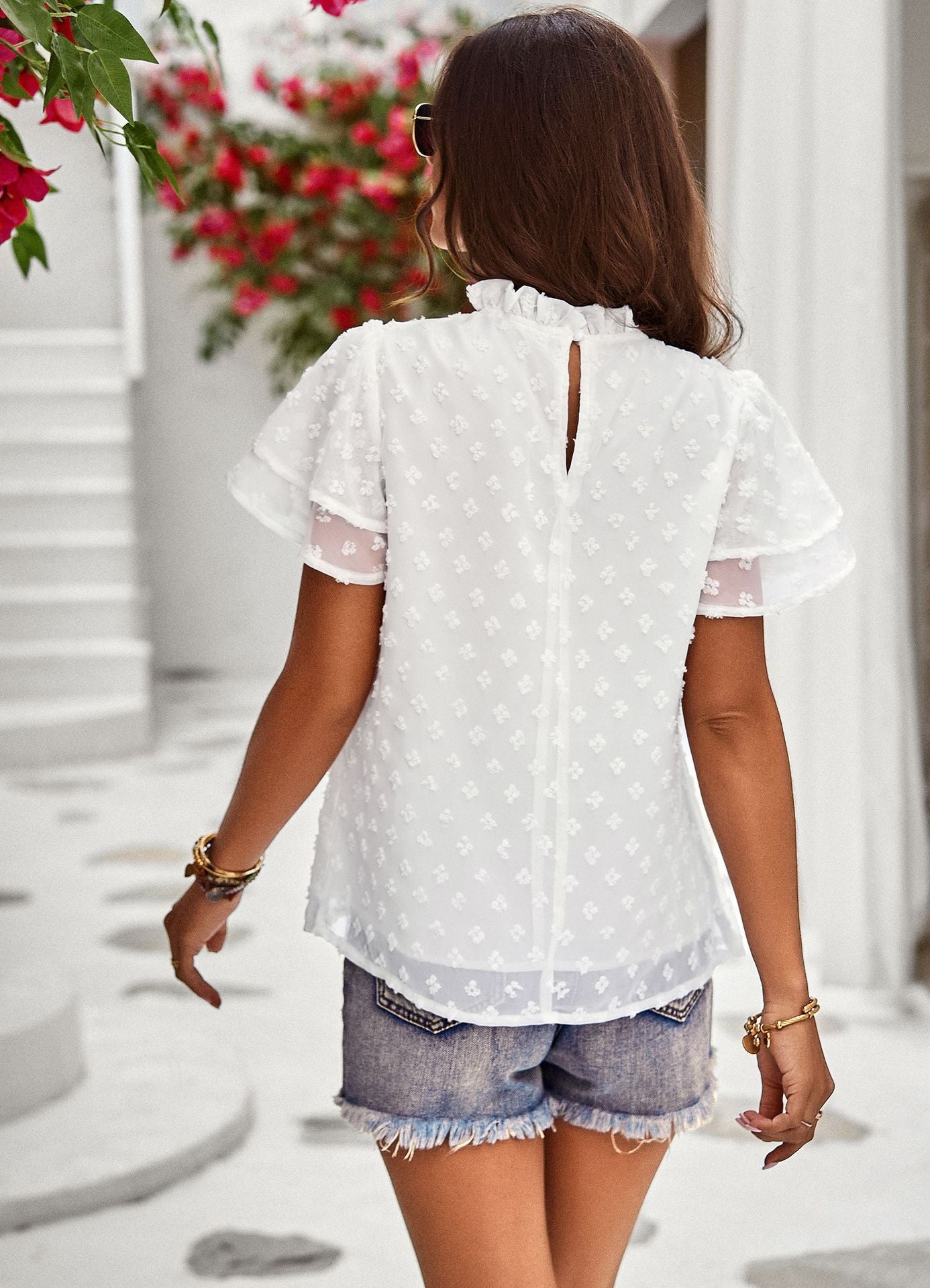 Ruffled Collar Short Sleeve Jacquard T-Shirts Wholesale Womens Tops