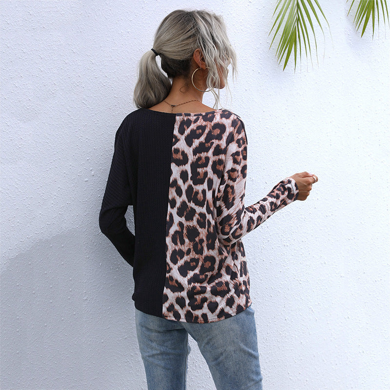 Casual Leopard Knit Tops Loose V-Neck Wholesale Womens Long Sleeve T Shirts